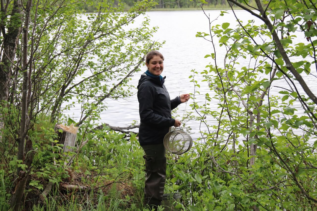 Student deploying a minnow trap