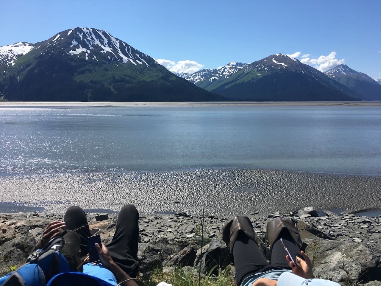 Students taking a lunch break along the Cook Inlet